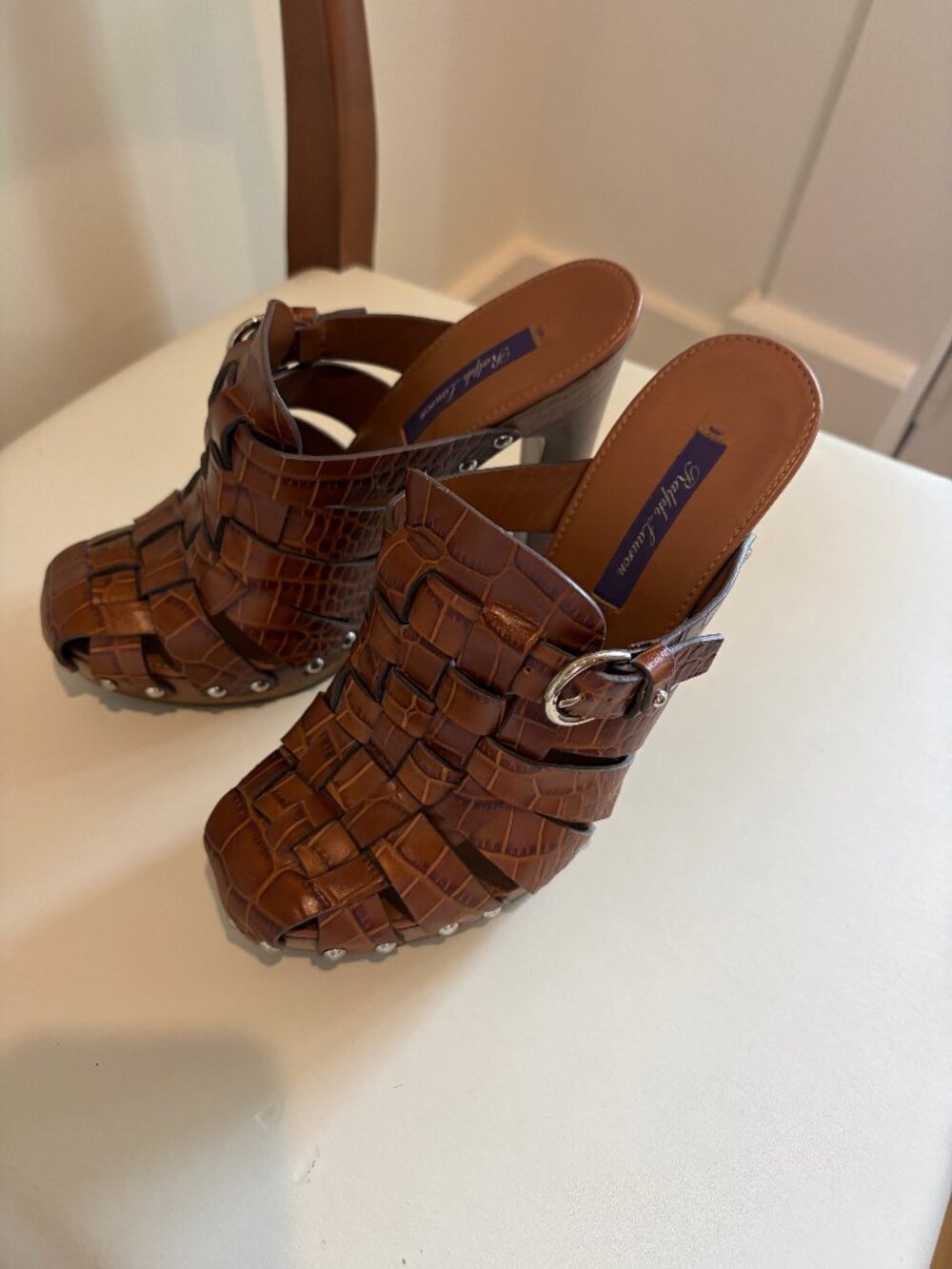 Ralph Lauren Purple Label Woven Croc Heeled Clogs 38.5